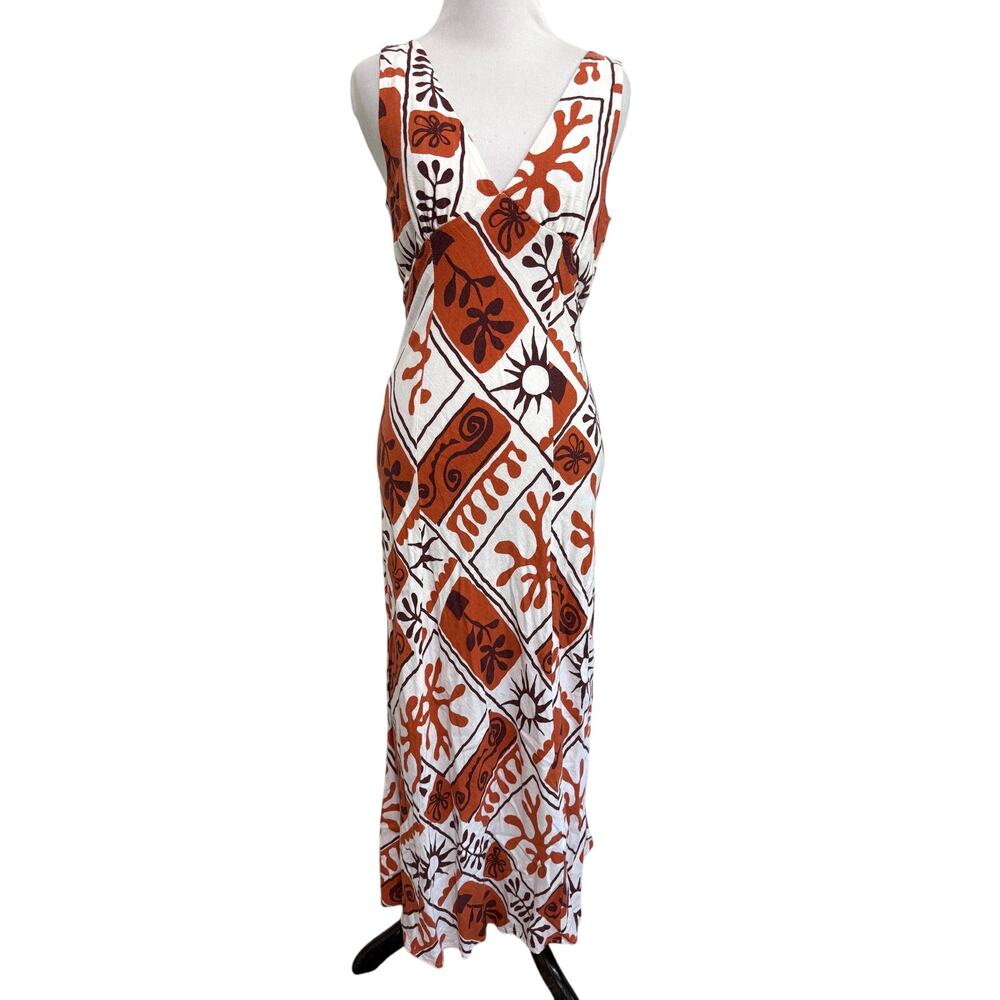 Paper Heart Womens Linen Blend Maxi Dress S White Orange Hawaiian Beach Retro